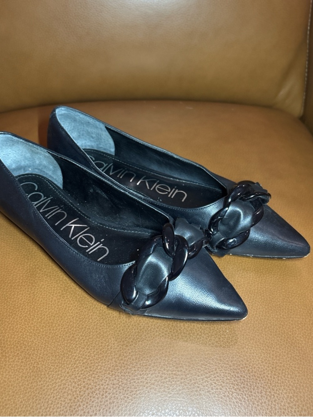 Calvin Klein Black Pointed-Toe Flats with Chain Detail
